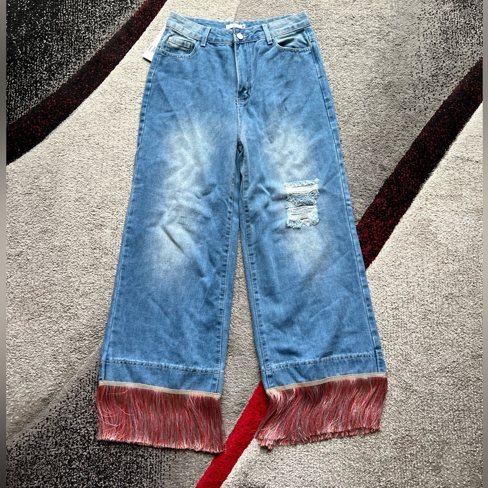 Ursime High Rise Fringed Wide Leg Jeans